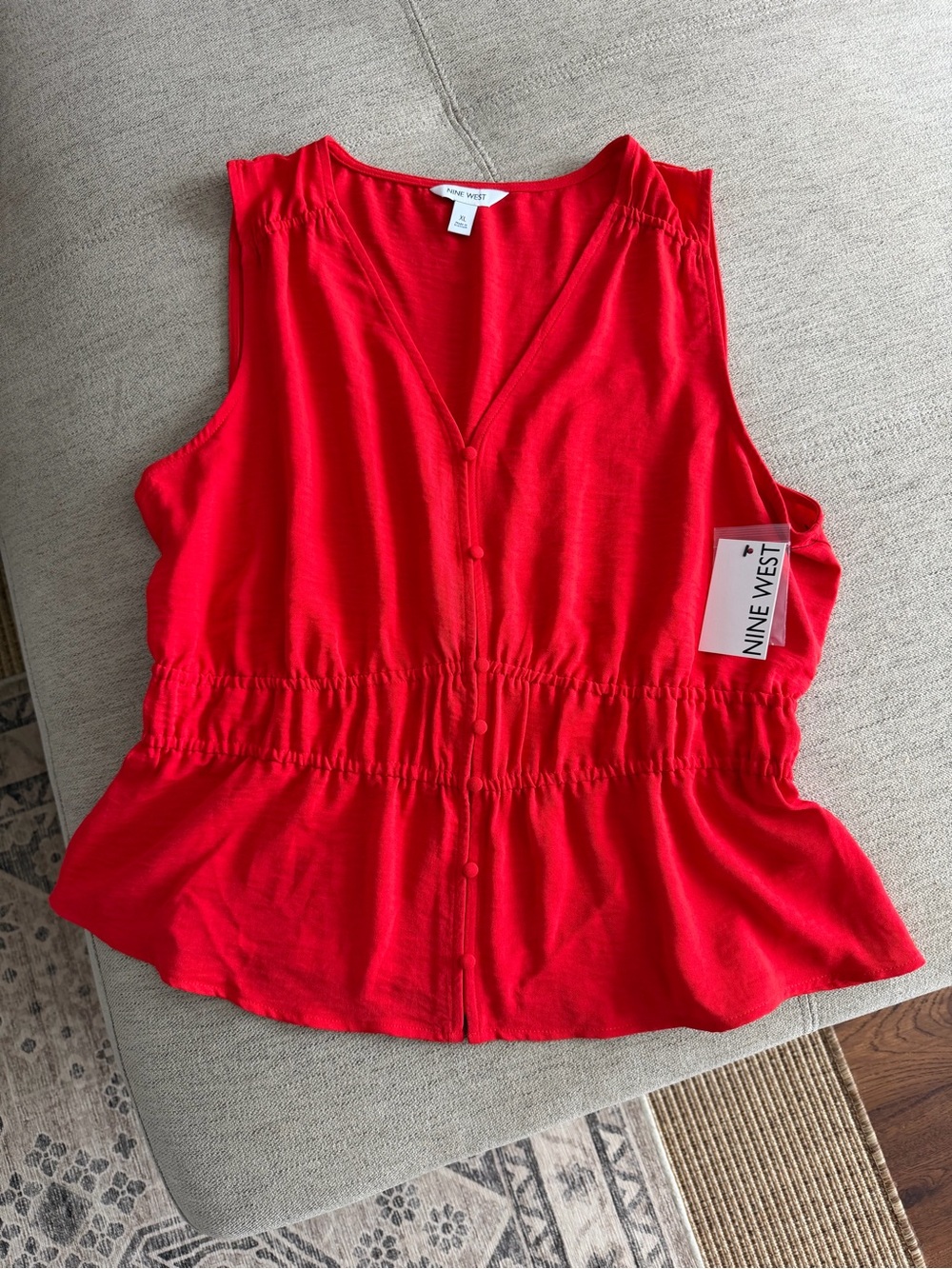 Nine West Red Sleeveless Button-Front Peplum Top Blouse XL